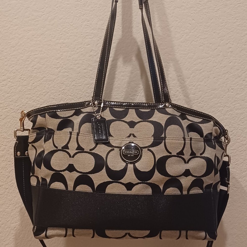 Coach Black on Gray Signature C Stripe Large Diaper Bag w Crossbody Strap F17443